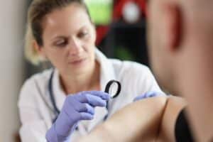 Dermatologist examining male patient’s skin during medical consultation, checking for skin conditions and dermatology concerns.
